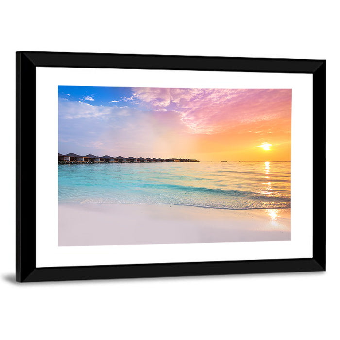 Overwater Bungalows at Sunset Wall Art as a framed print