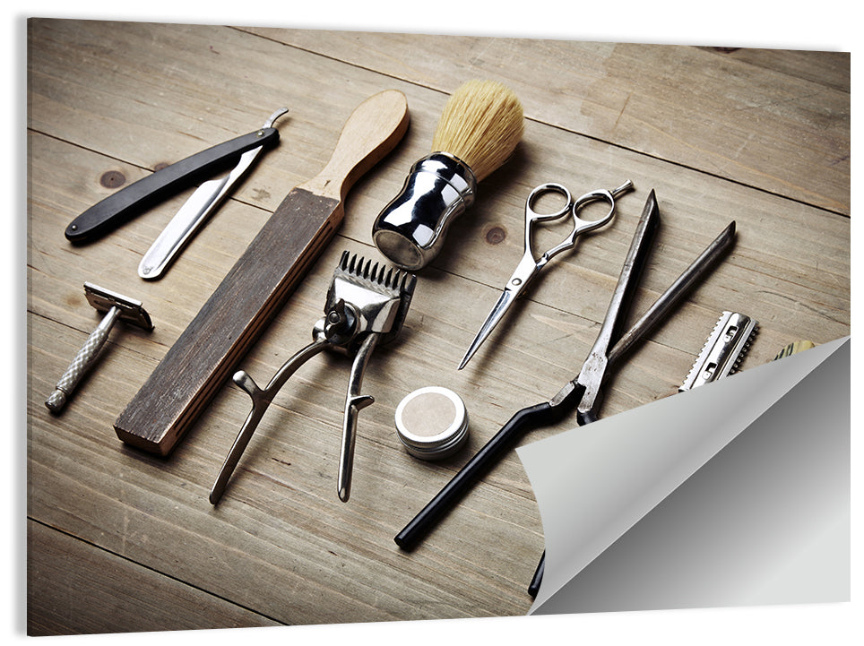 Vintage Barber Tools on Wooden Workbench Wall Art