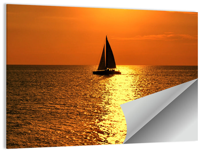 Sailboat Silhouette at Golden Sunset Wall Art as a poster print