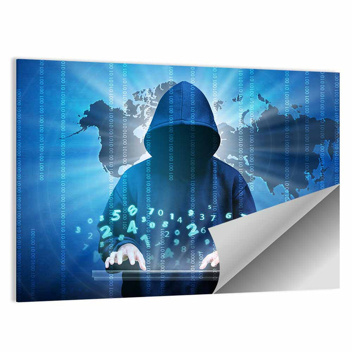 Hooded Hacker with Binary Map Wall Art as a poster print