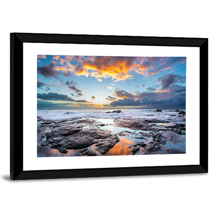 Sunset Over Volcanic Shore Wall Art as a framed print