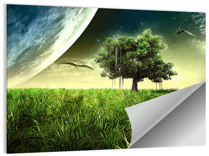 Alien Meadow Under a Giant Planet Wall Art as a poster print