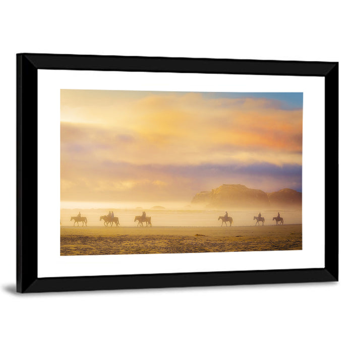 Misty Beach Horseback Riders Wall Art as a framed print