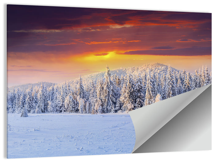 Snowy Forest Sunset Wall Art as a poster print