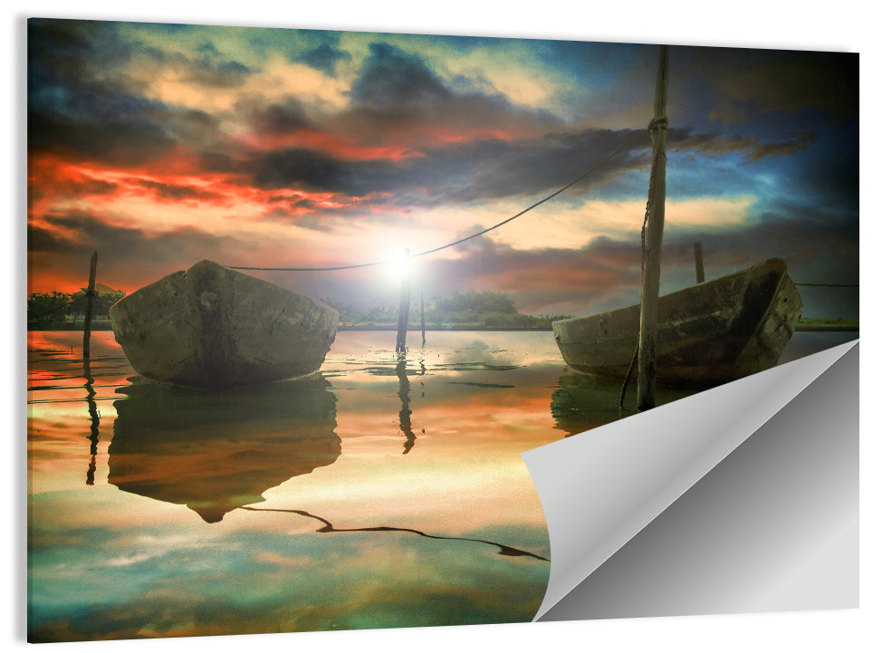 Two Wooden Boats at Sunset Wall Art
