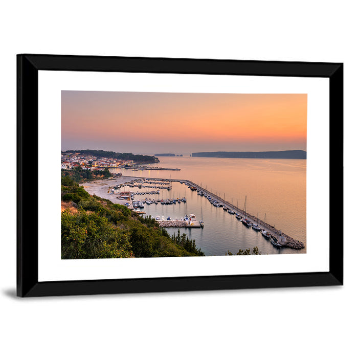 Pylos Harbor Lighthouse Sunset Wall Art as a framed print