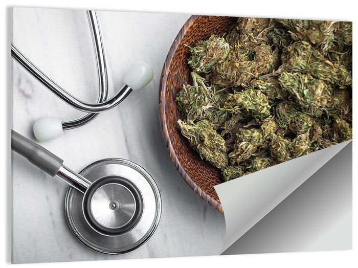 Stethoscope and Medical Cannabis Still Life Wall Art as a poster print