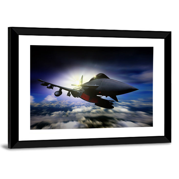 Sunrise Fighter Jet Wall Art as a framed print