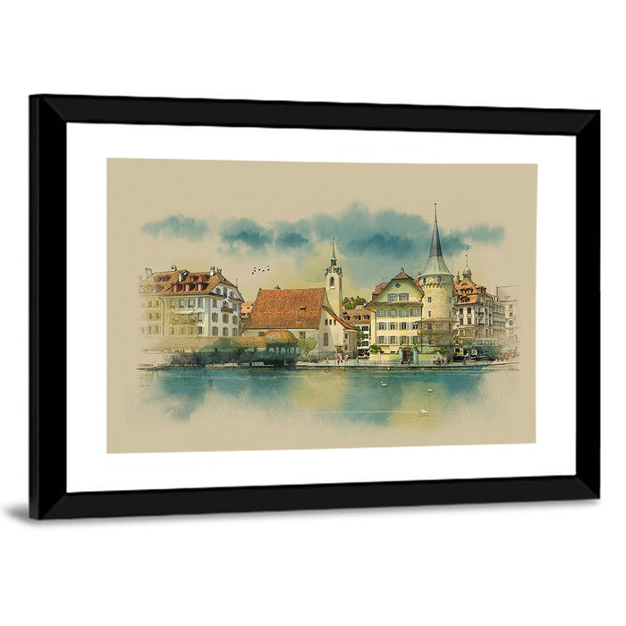 Lucerne Waterfront Sketch Wall Art as a framed print