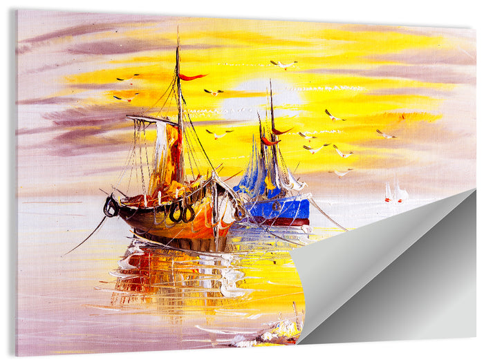 Golden Sunset Sailing Boats Wall Art as a poster print