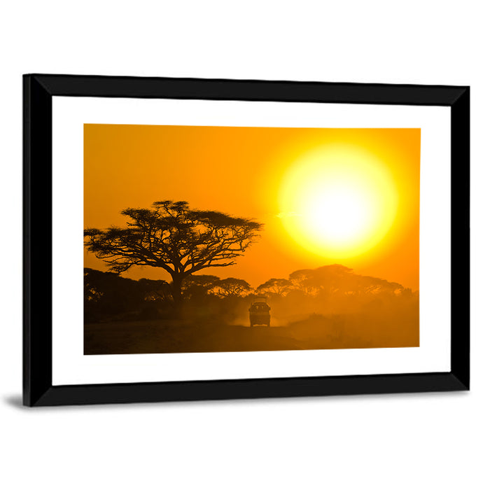 Jeep on Savannah at Sunset Wall Art as a framed print