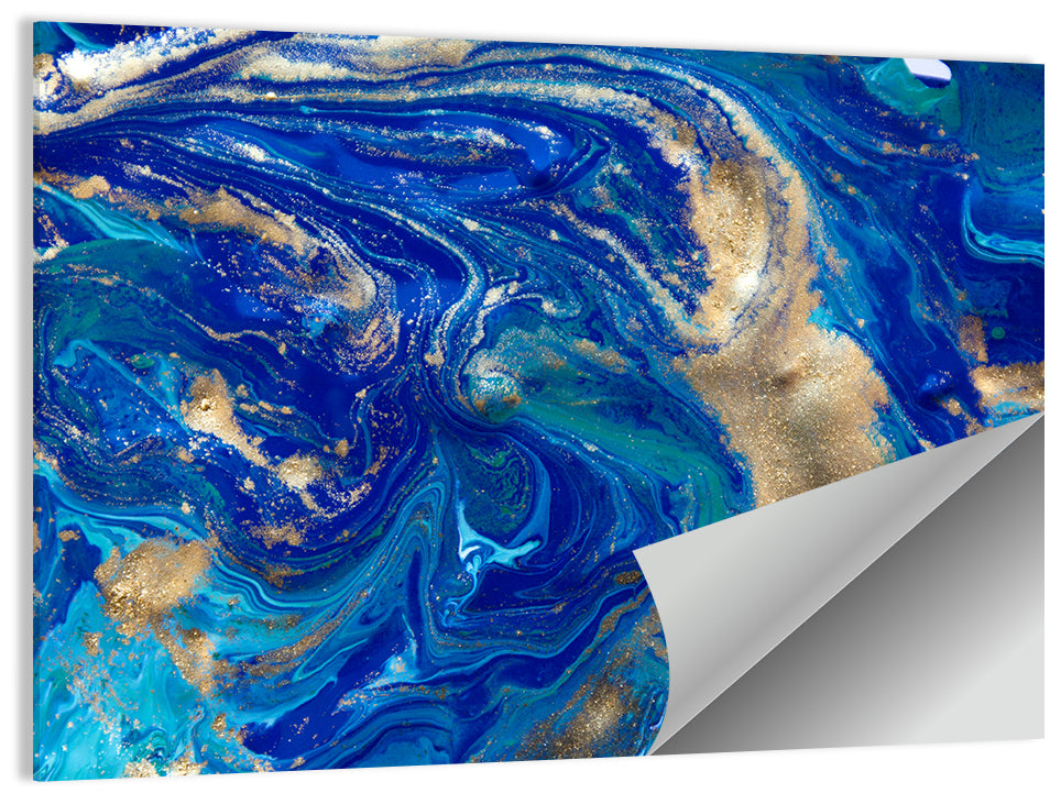 Blue and Gold Liquid Marble Swirls Wall Art