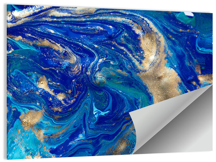 Blue and Gold Liquid Marble Swirls Wall Art as a poster print