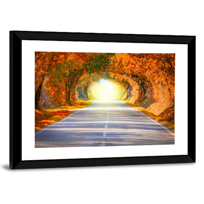 Golden Autumn Tree Tunnel Wall Art as a framed print