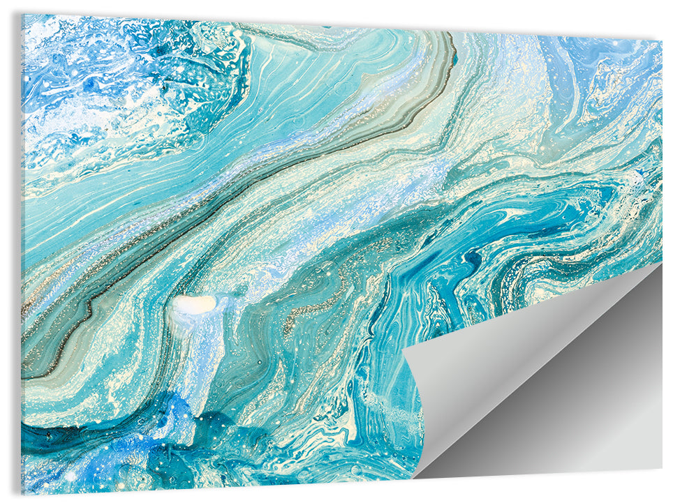 Aqua Marble Swirls with Silver Accents Wall Art