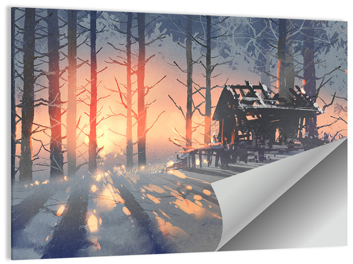 Snowy Forest Cabin at Sunset Wall Art as a poster print