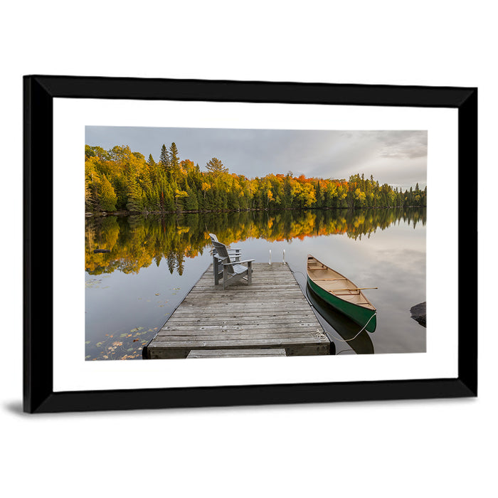 Ontario Autumn Lake Dock Wall Art as a framed print