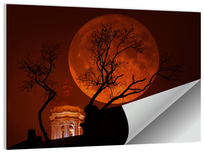Haunted Supermoon Over Church Spire Wall Art as a poster print