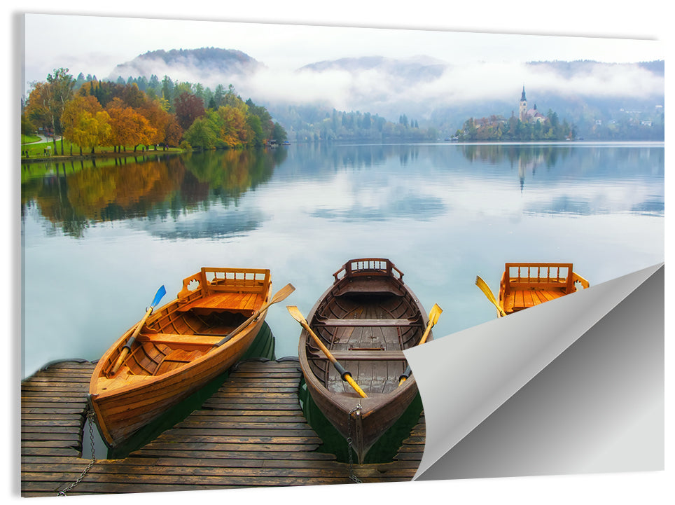 Moored Boats on Misty Lake Bled Wall Art
