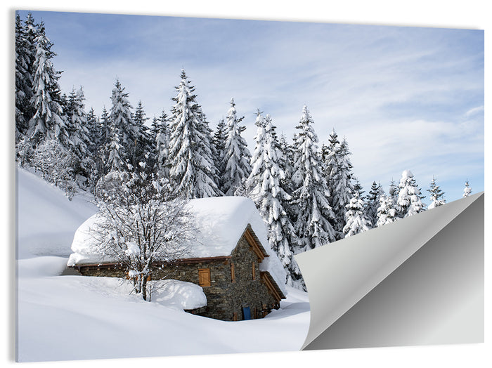 Snow Covered Alpine Cabin Wall Art as a poster print