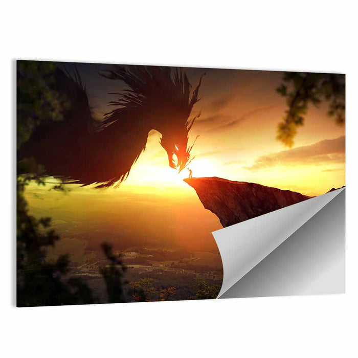 Man and Dragon at Sunset Wall Art as a poster print