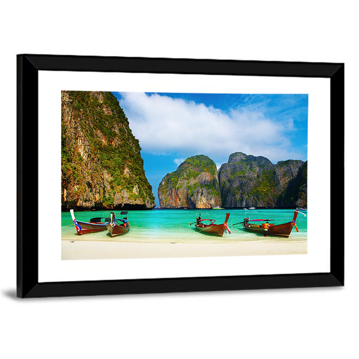 Maya Bay Long-tail Boats Wall Art as a framed print
