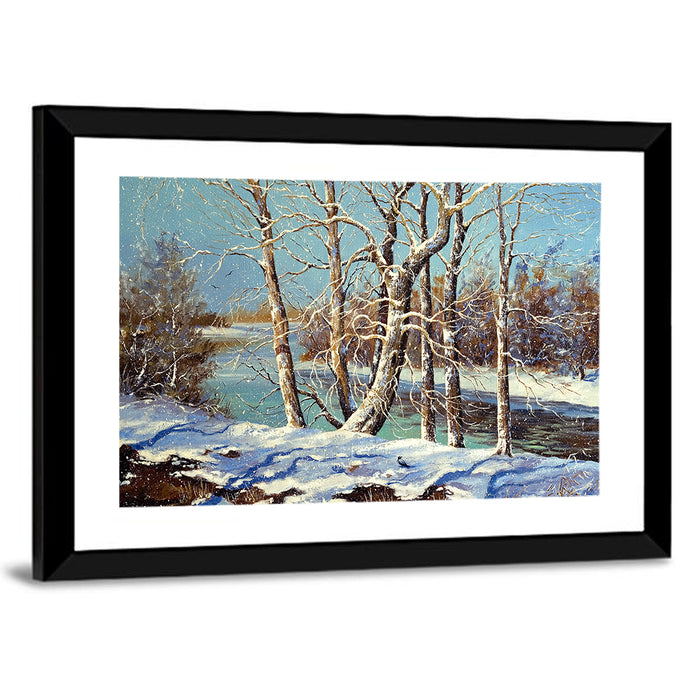 Bare Trees Along a Frozen River Wall Art as a framed print