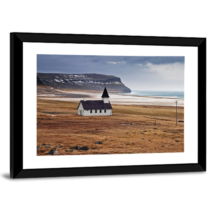 Icelandic Church with Dark Steeple Wall Art as a framed print
