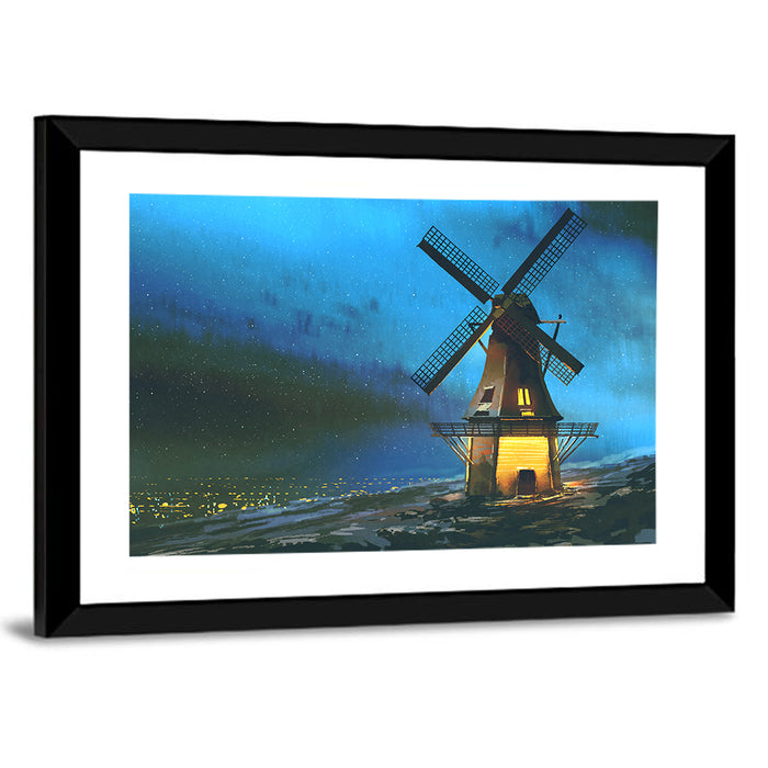 Seaside Windmill at Night Wall Art as a framed print