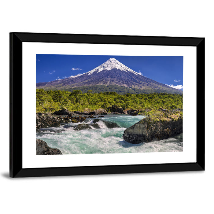 Osorno Volcano Over Petrohue Rapids Wall Art as a framed print