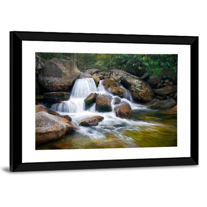 Blue Ridge Mossy Waterfall Wall Art as a framed print