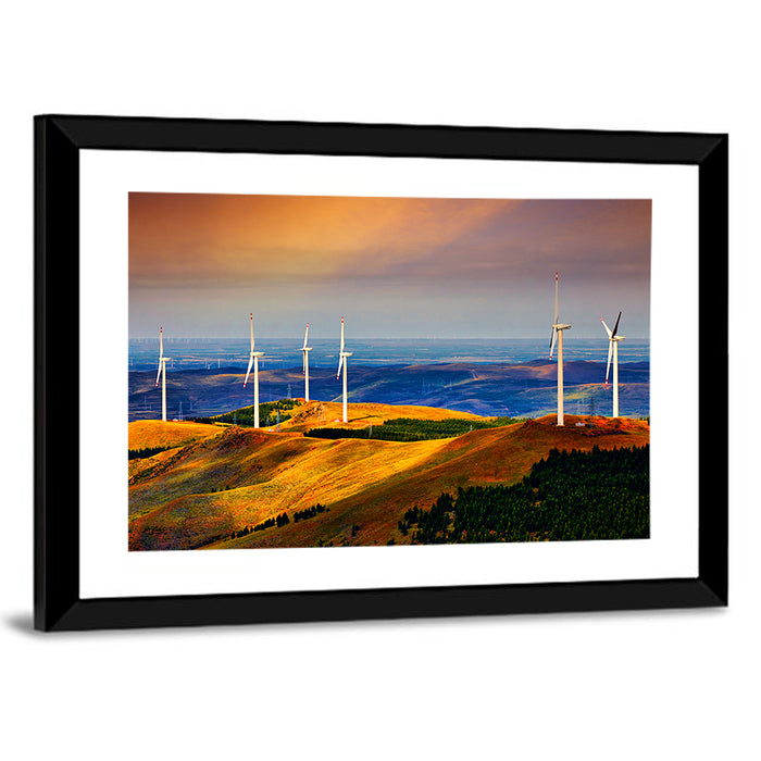 Golden Hour Wind Turbines Wall Art as a framed print