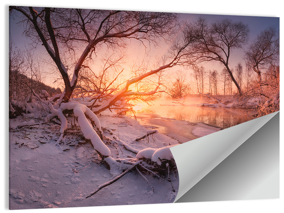 Sunset Over Snowy Forest Lake Wall Art