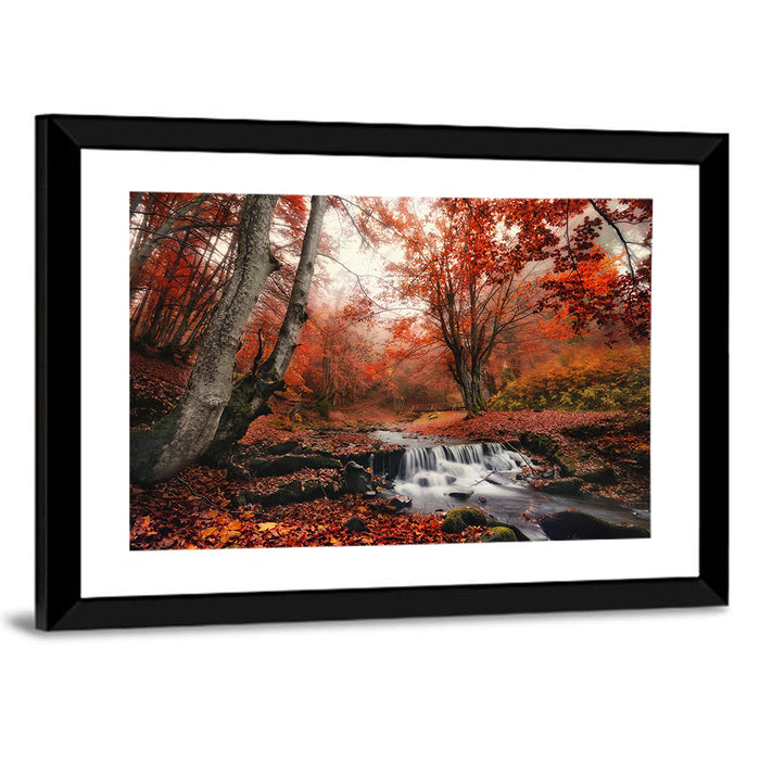 Autumn Forest Stream with Footbridge Wall Art as a framed print