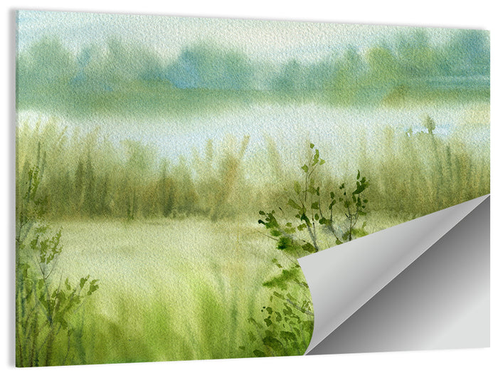 Misty River Meadow Watercolor Wall Art as a poster print