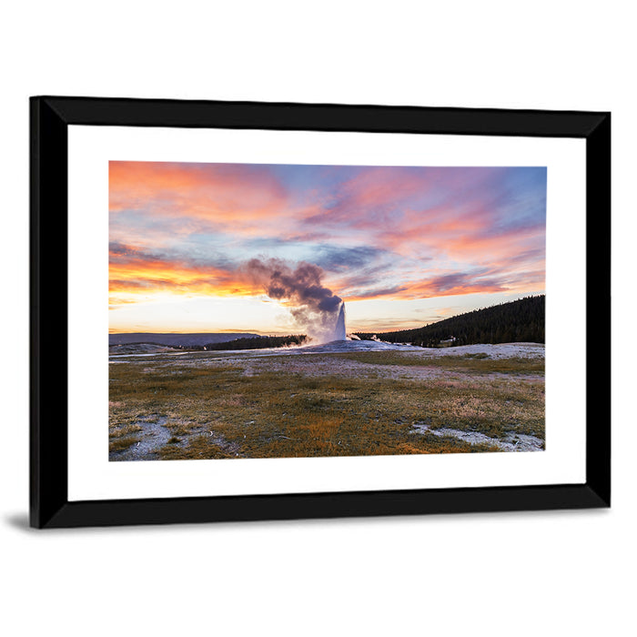 Old Faithful Erupting at Sunset Wall Art as a framed print