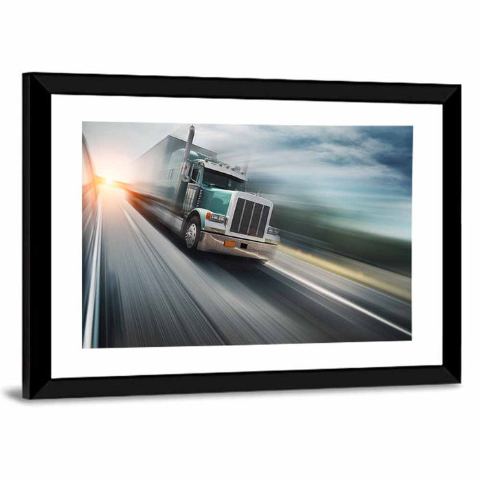 American Semi Truck in Motion Wall Art as a framed print