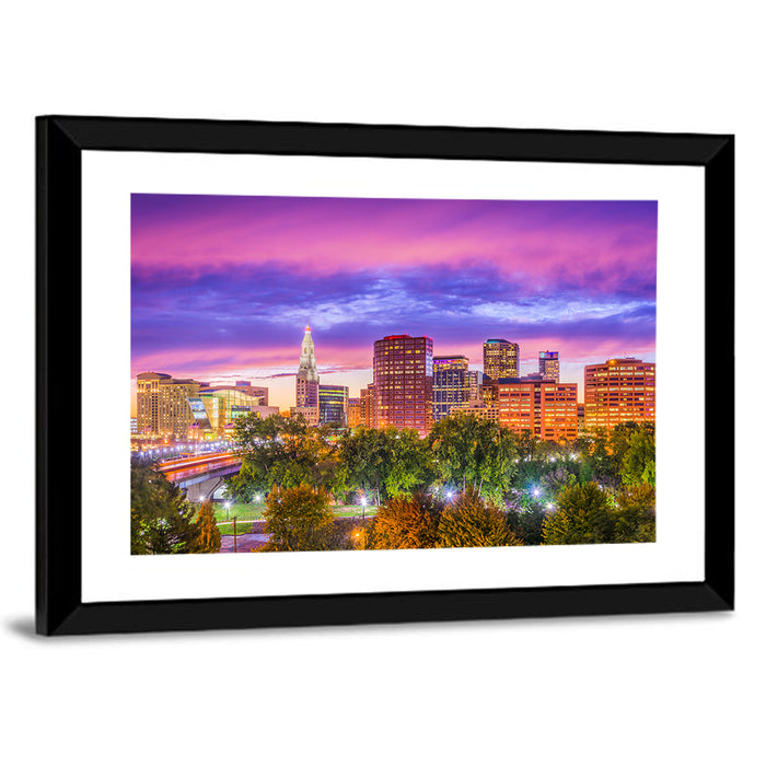 Hartford Skyline at Dusk Wall Art as a framed print
