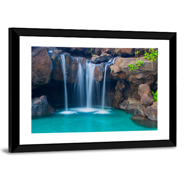 Waterfall Into Turquoise Pool Wall Art as a framed print