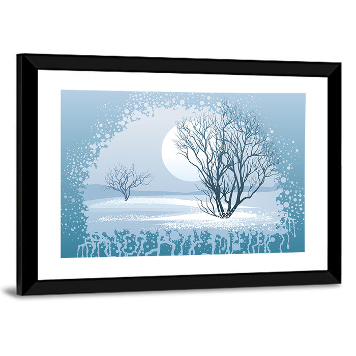 Moonlit Winter Tree Illustration Wall Art as a framed print