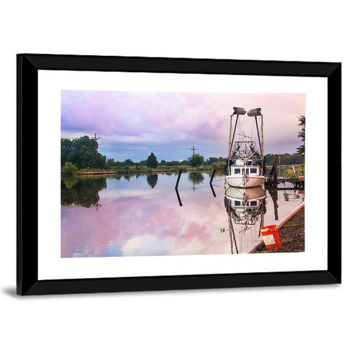 White Shrimp Boat on Louisiana Bayou Wall Art as a framed print