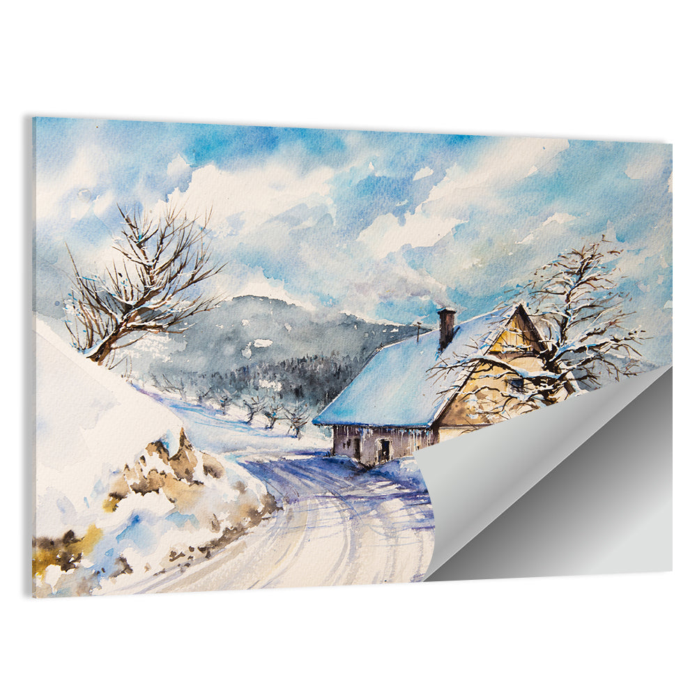 Snowy Mountain Cottage on Curved Path Wall Art