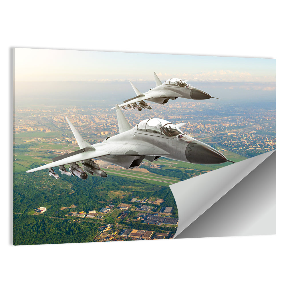 Twin Fighter Jets Over Cityscape Wall Art