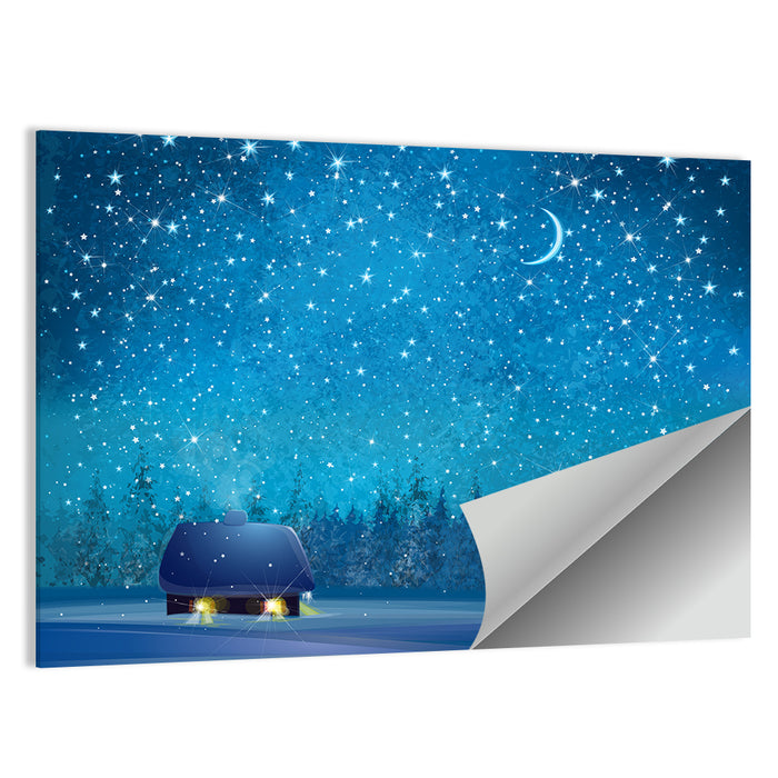 Winter Cottage Under Crescent Moon Wall Art as a poster print