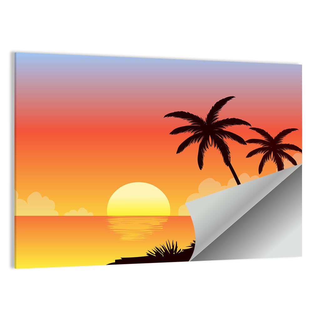 Tropical Beach Sunset Illustration Wall Art