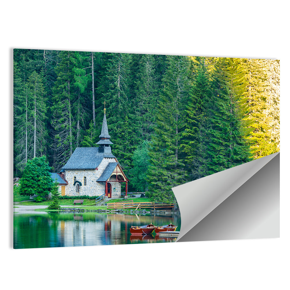 Lago Di Braies Chapel Reflection Wall Art