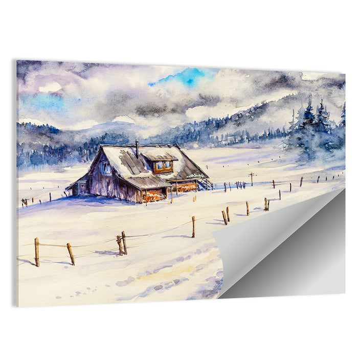 Snowy Mountain Cabin Landscape Wall Art as a poster print