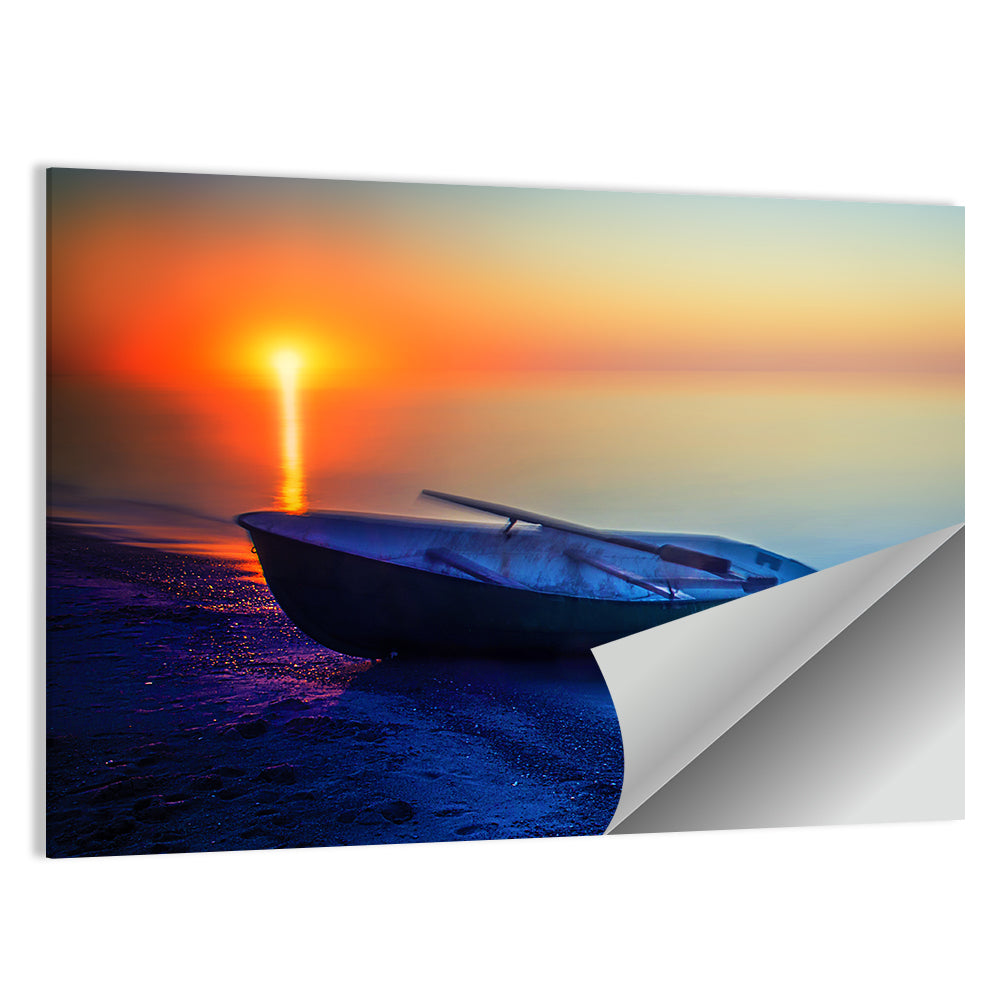 Rowboat on Sandy Shore at Sunset Wall Art
