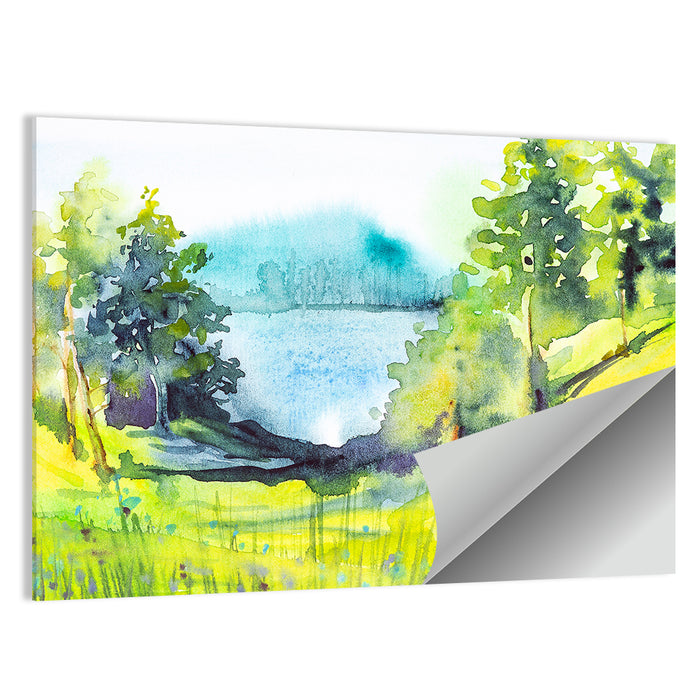 Summer Lakeside Forest Illustration Wall Art as a poster print