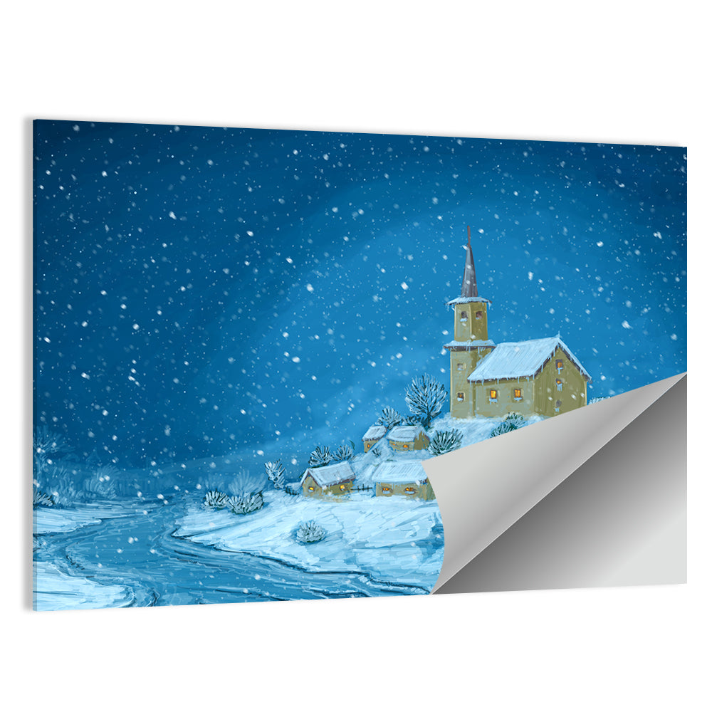 Snowy Village Church at Night Wall Art